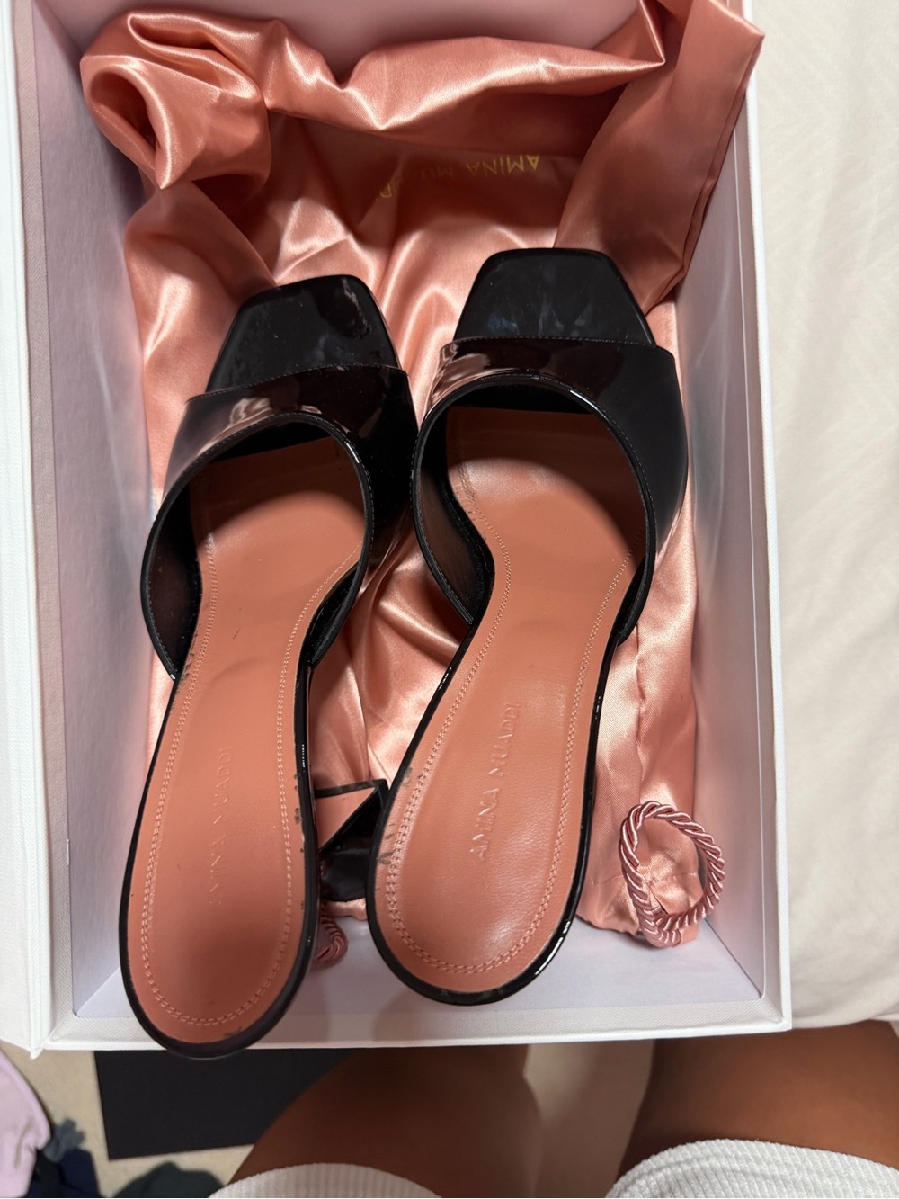 AUTHENTIC Amina Muaddi Black Patent Slide Heel Sandals